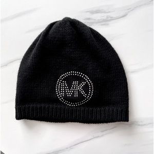 MK Michael Kors Women’s Acrylic Black Bling Embellished Logo Winter Beanie Hat